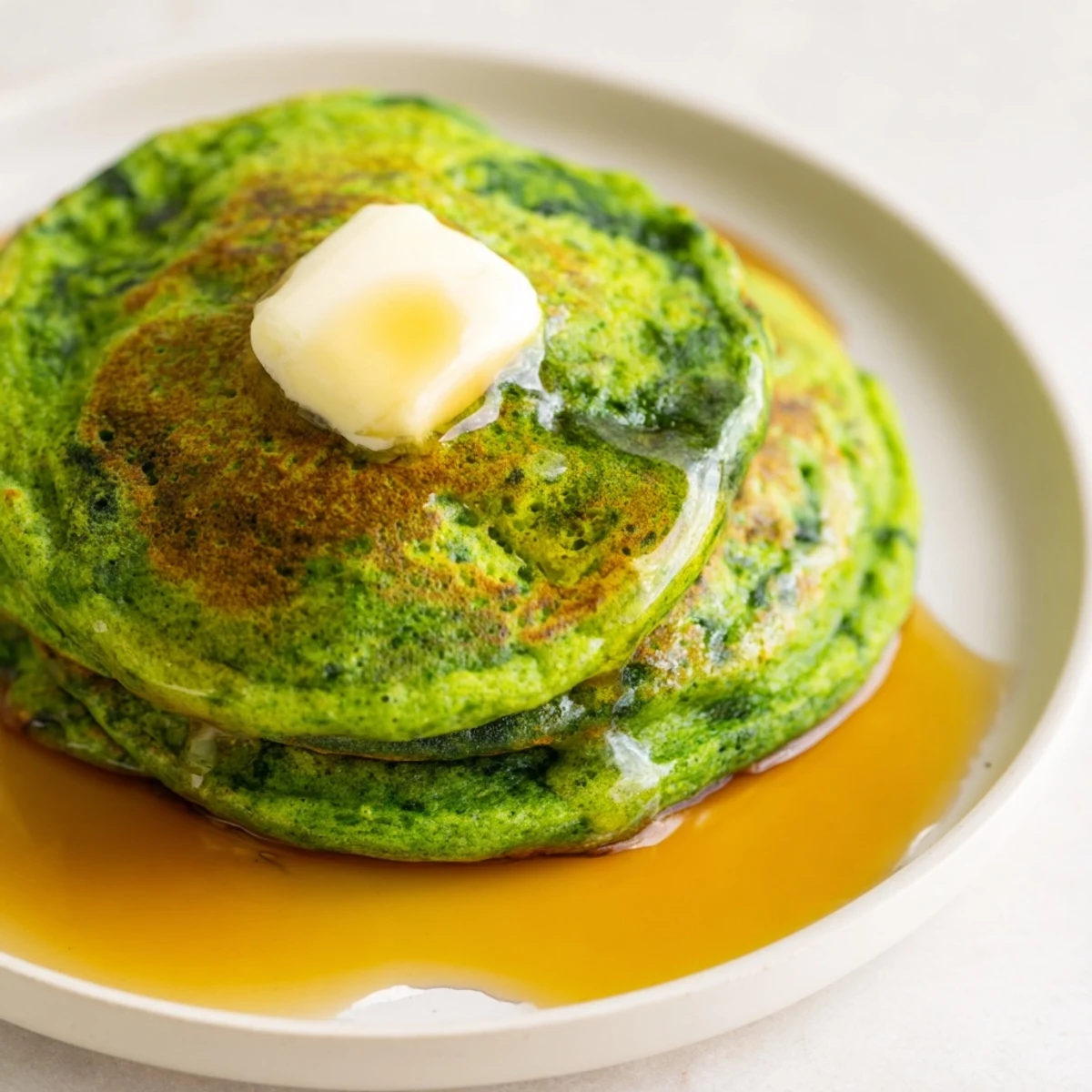 Fluffy, vibrant green pancakes with fresh spinach, drizzled with warm maple syrup on a white plate.