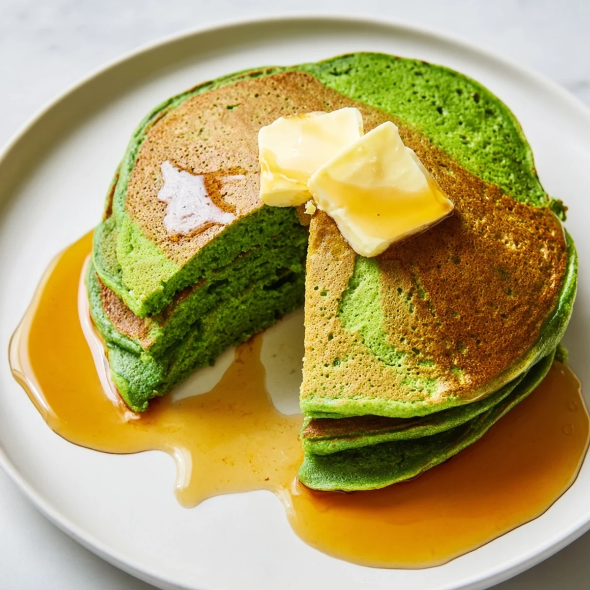 Stack of tender spinach pancakes topped with melting butter, ready for a cozy American breakfast.