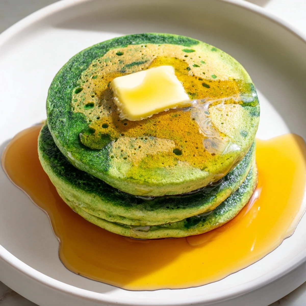 Bright green pancakes sizzling on a griddle, served alongside a small pitcher of pure maple syrup.