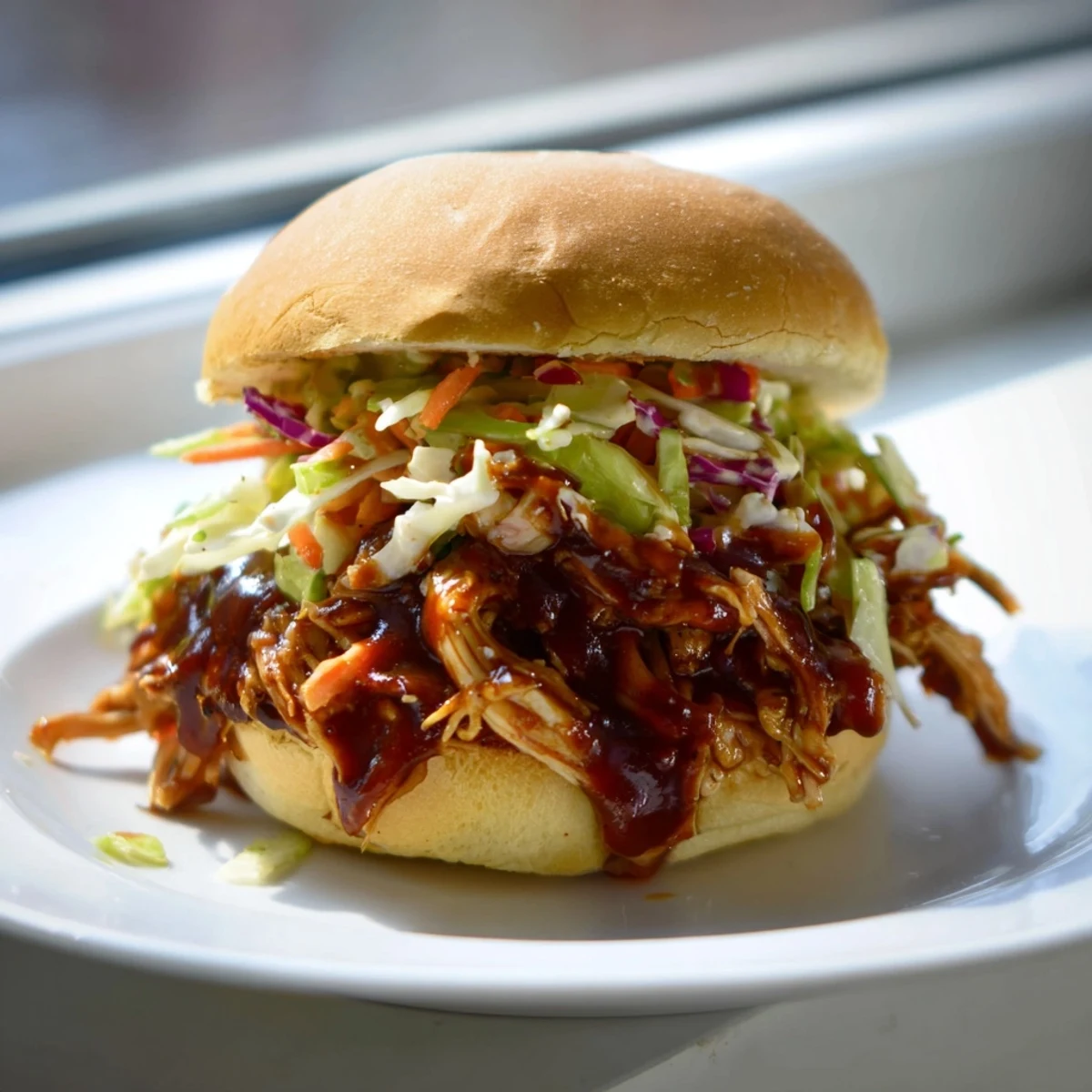 Golden-brown toasted buns hold saucy pulled chicken sandwiches with slaw piled high.