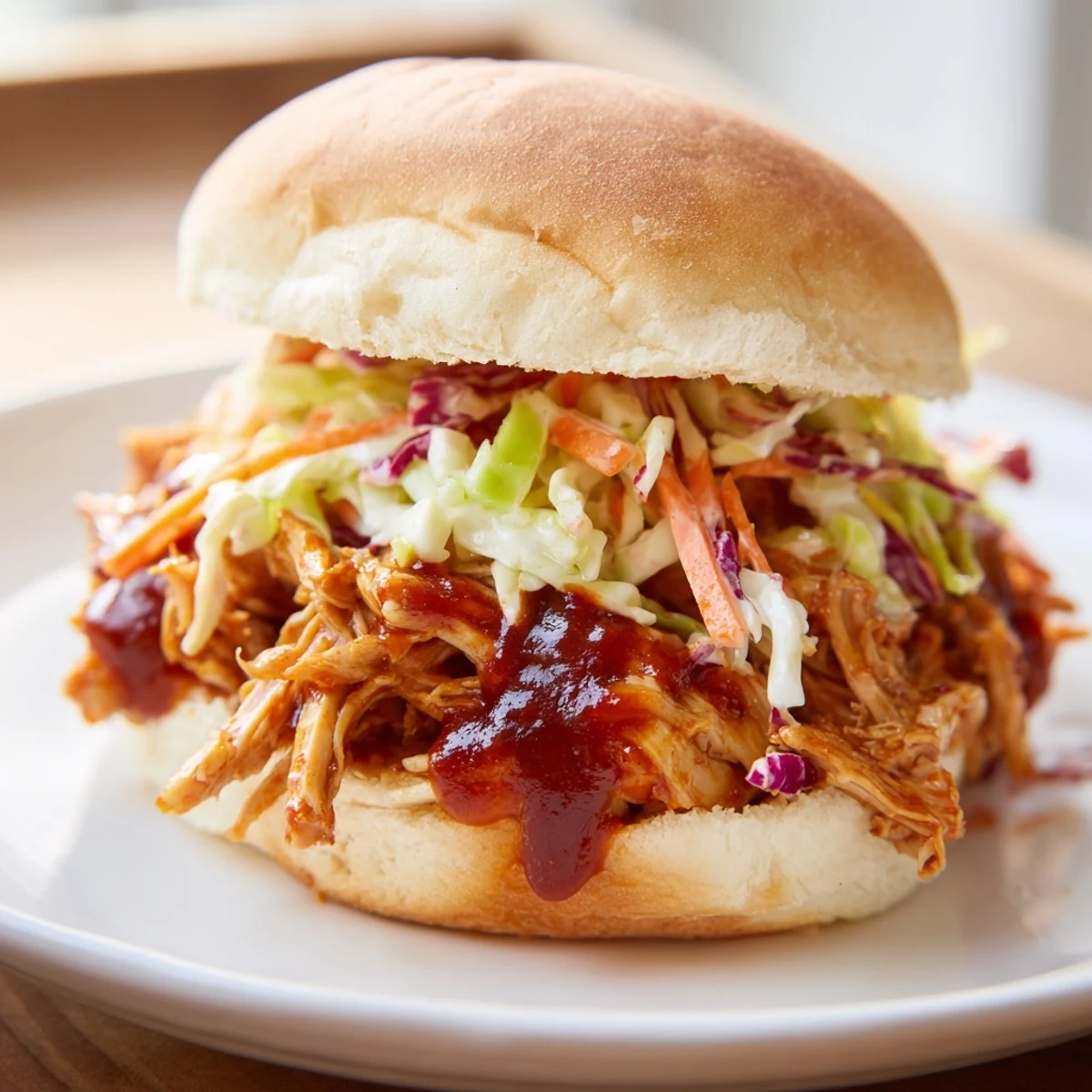 Tender pulled chicken sandwiches with slaw rest beside sweet potato fries.