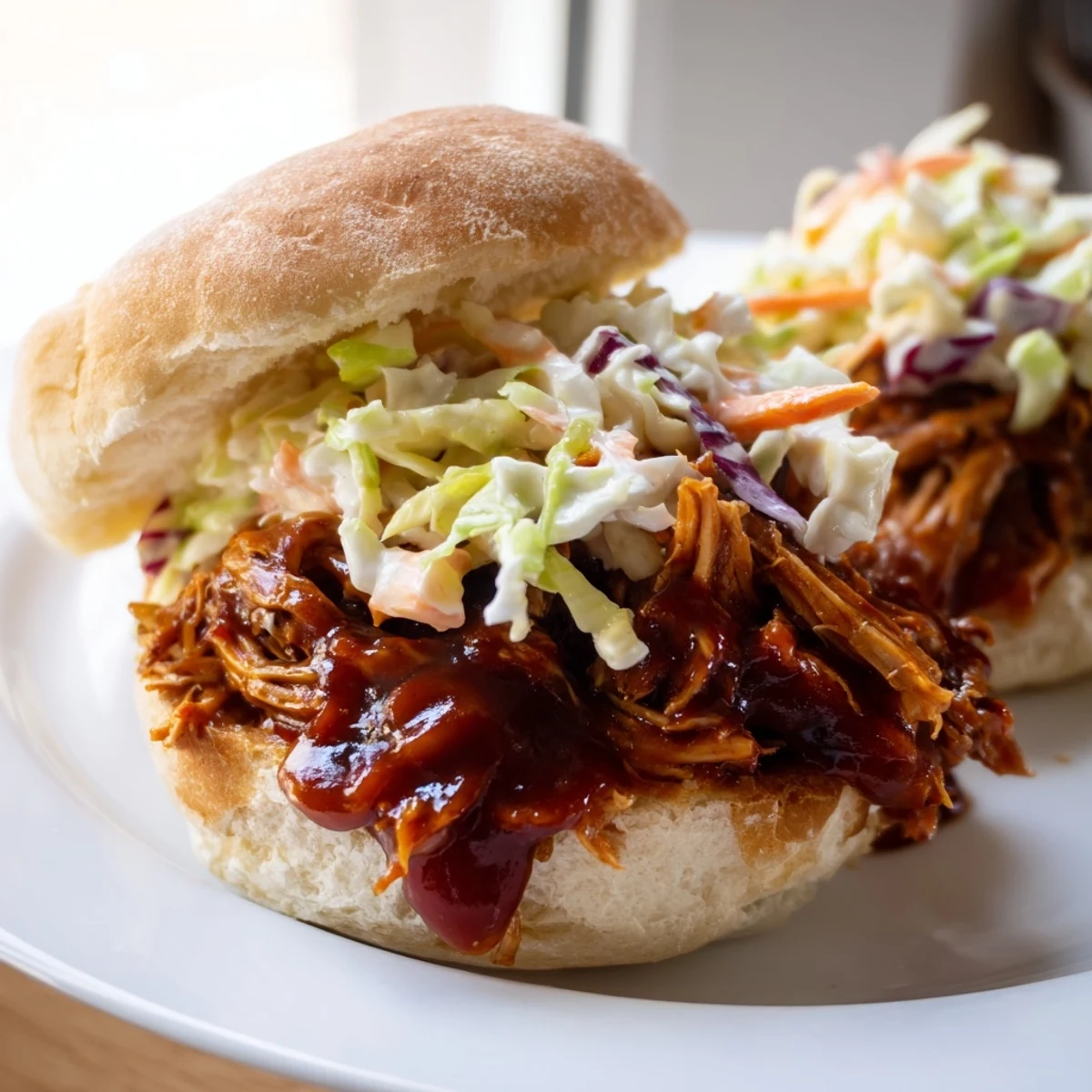 Saucy pulled chicken sandwiches with slaw topped with crisp, colorful slaw ready.