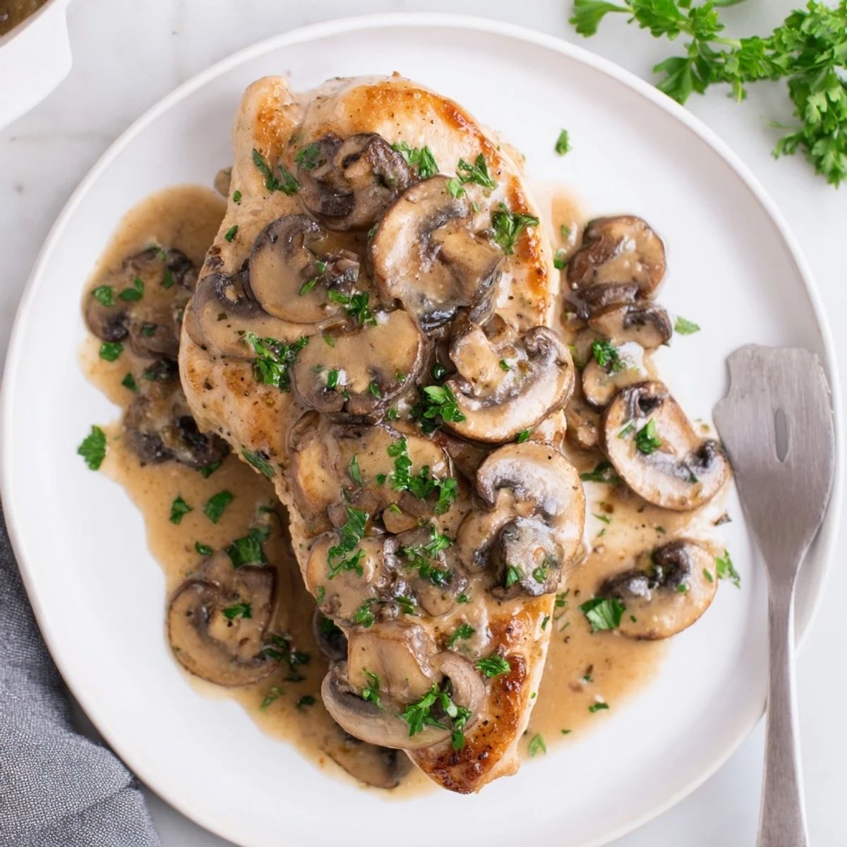 Tender chicken cutlets and cremini mushrooms in a glossy Marsala wine sauce, garnished with fresh parsley.
