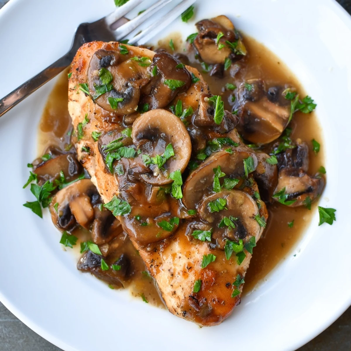 Sliced mushrooms and golden chicken smothered in a rich Marsala glaze, ready for a weeknight dinner.