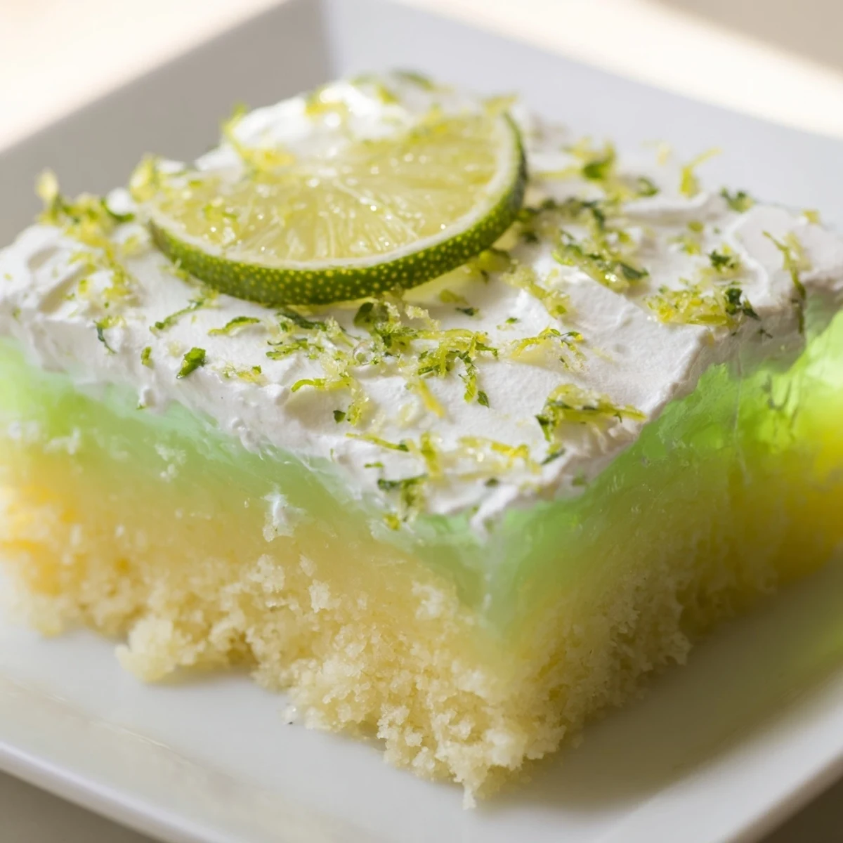 Chilled slices of Lime Poke Cake with fluffy whipped topping and fresh lime zest garnish, perfect for a summer dessert.