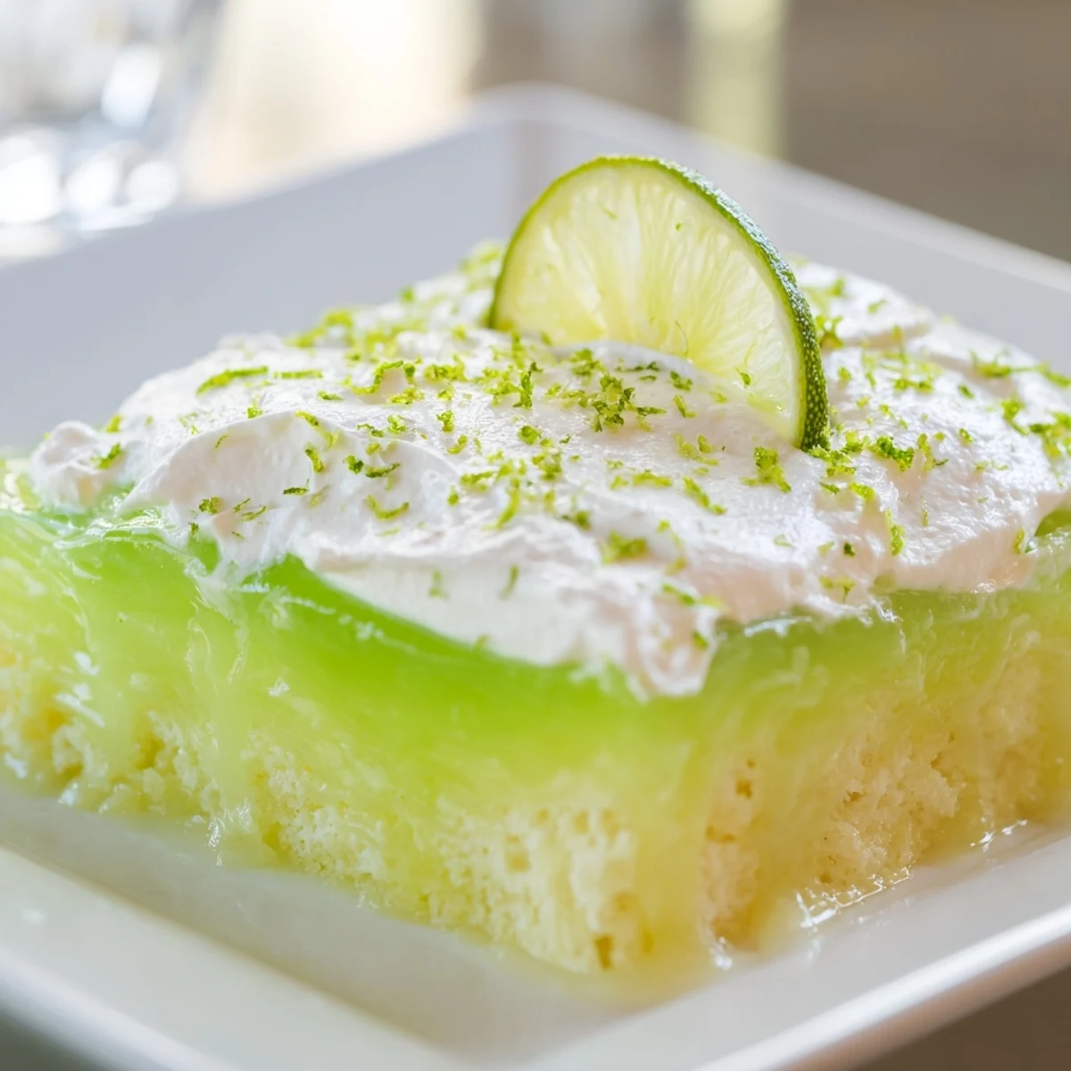 A freshly baked Lime Poke Cake soaked with lime gelatin, ready for the fluffy whipped cream topping to be spread.