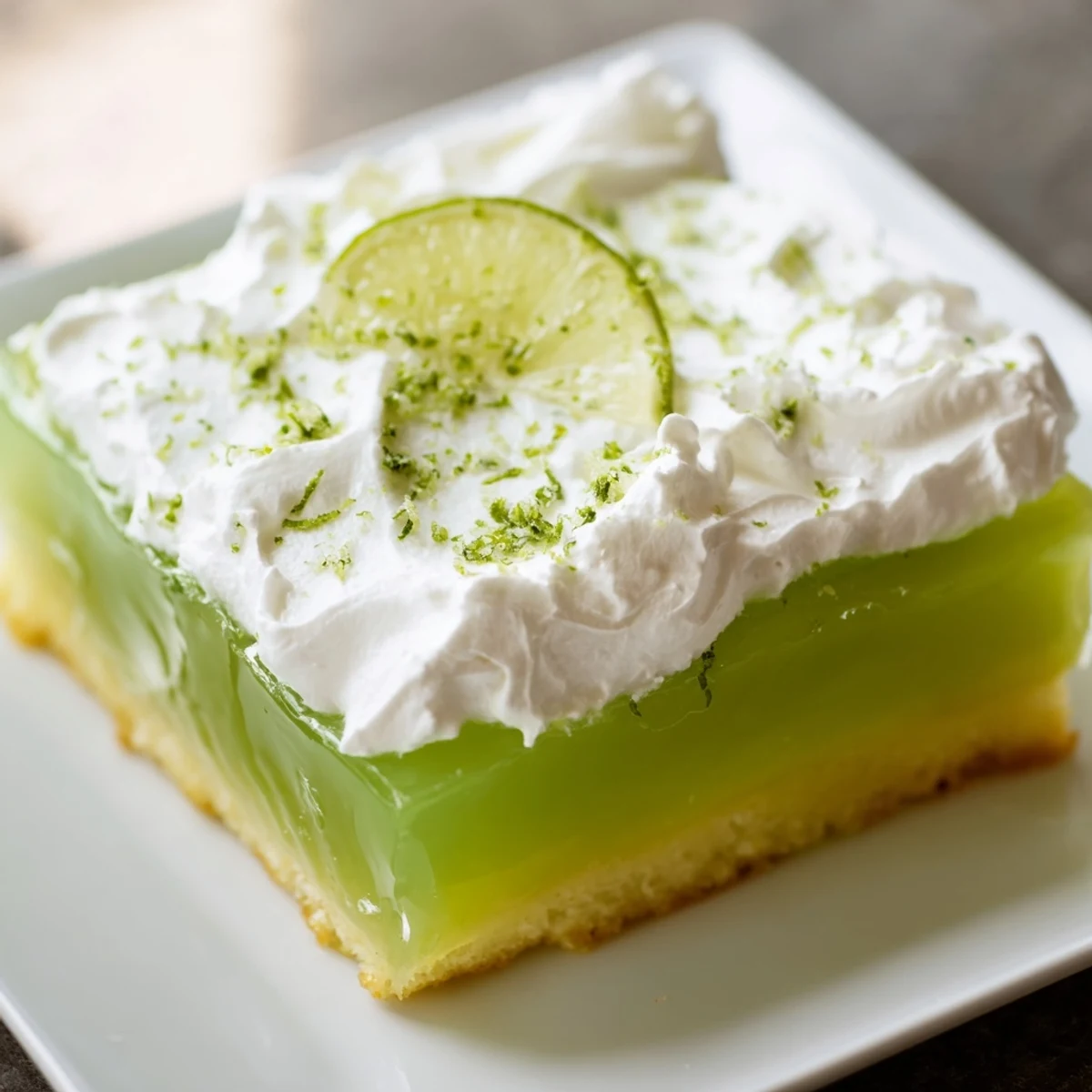 Bright green Lime Poke Cake topped with dollops of whipped cream, served on a dessert plate ready to be eaten.