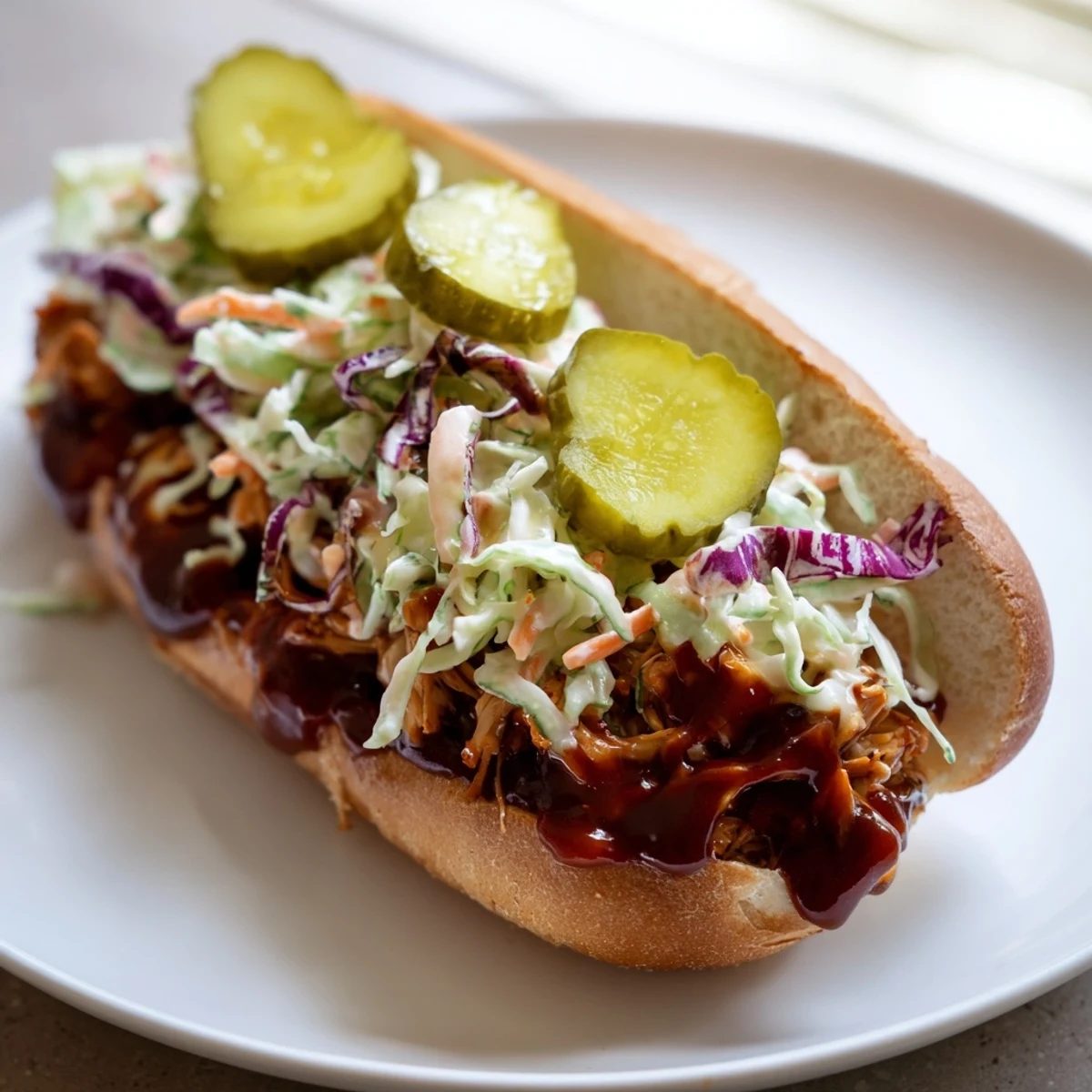 Soft toasted buns filled with tender shredded chicken, tangy slaw, and crunchy dill pickle slices.  