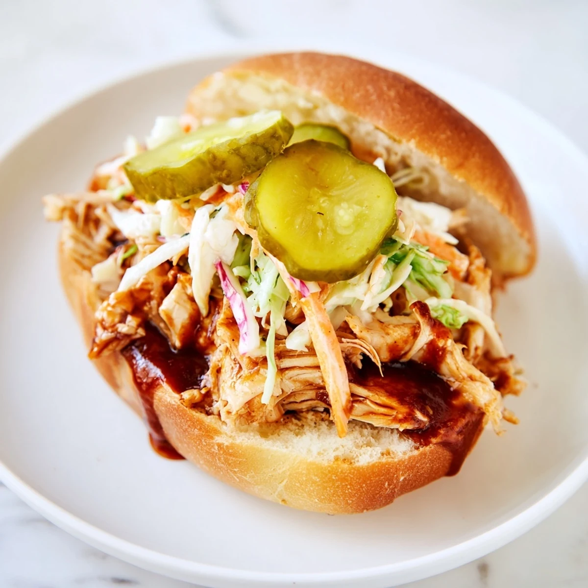 A close-up view of the hearty pulled chicken sandwich, piled high with colorful slaw and pickles.