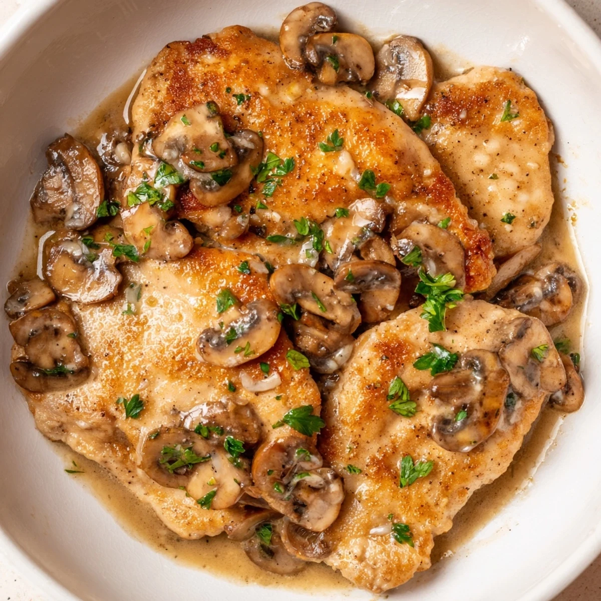 Close-up of Chicken Marsala with mushrooms, glossy sauce, and parsley, served over creamy mashed potatoes for a comforting dinner.