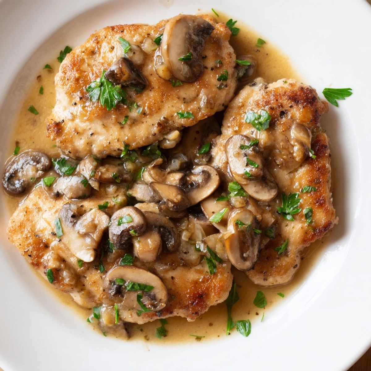 Golden-brown chicken breasts in a savory Marsala mushroom sauce, garnished with chopped parsley and accompanied by lemon wedges on the side.
