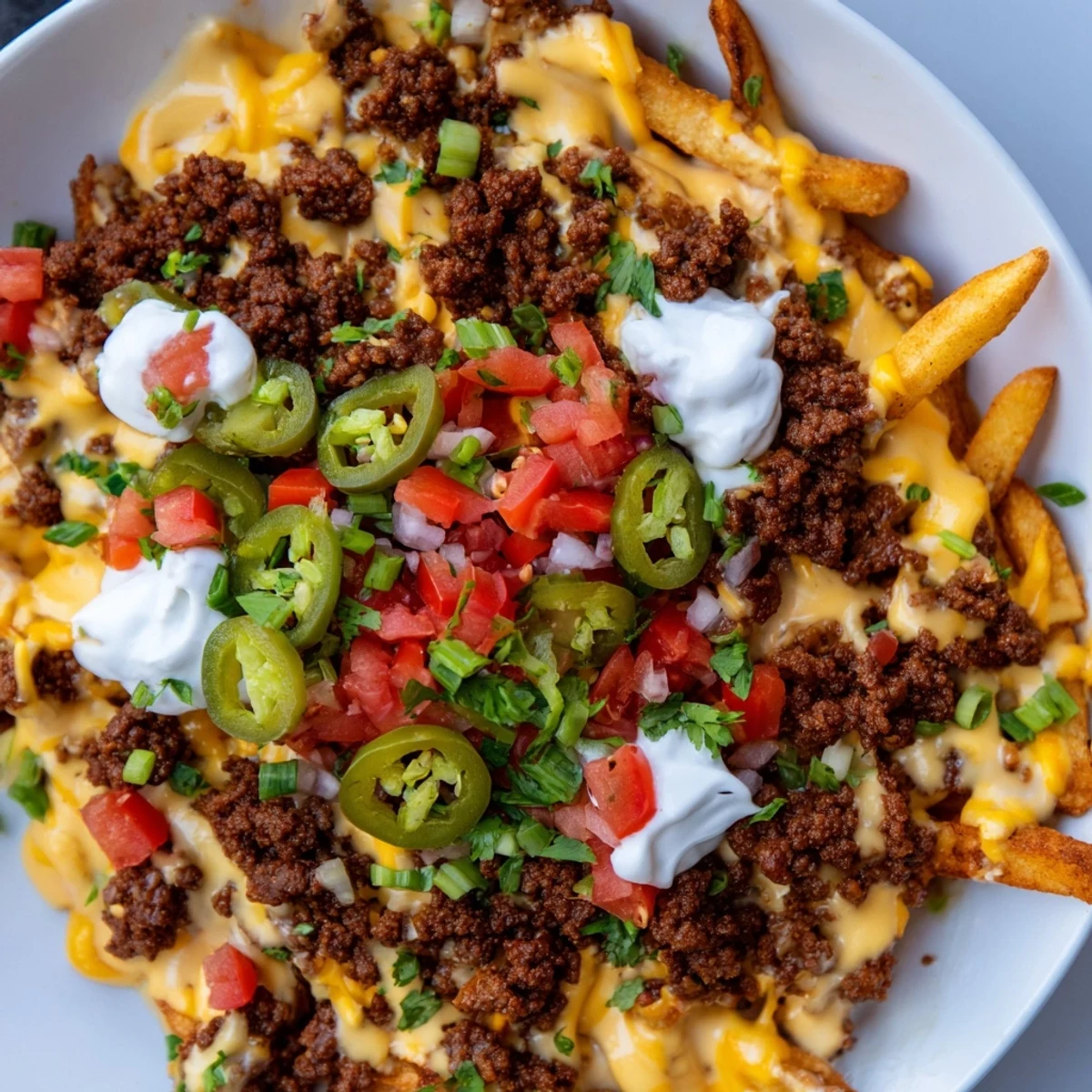 Golden Loaded Nacho Fries with Queso and Beef are piled high with seasoned fries, savory ground beef, and melted cheddar sauce.
