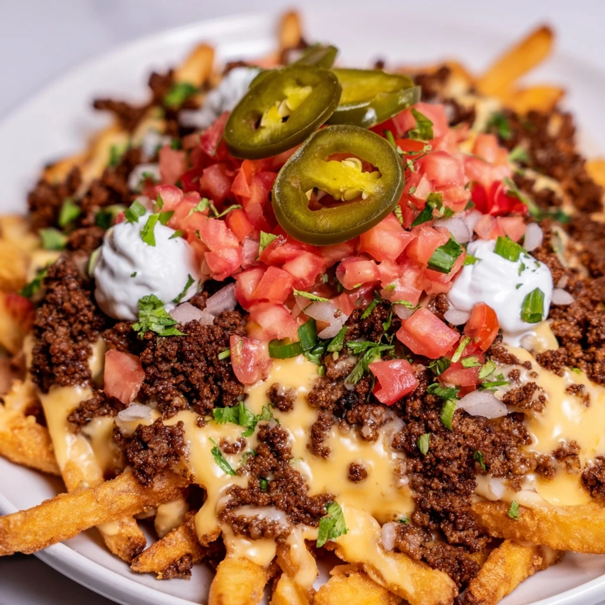 Loaded Nacho Fries with Queso and Beef feature crispy baked fries topped with spiced beef and a drizzle of warm, creamy queso.