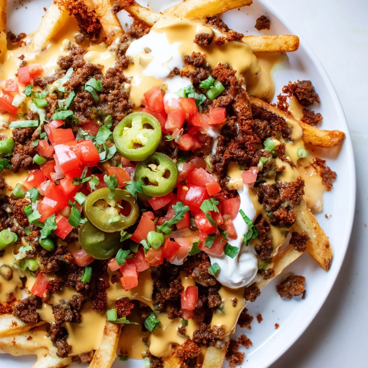 Sizzling Loaded Nacho Fries with Queso and Beef are garnished with fresh tomatoes, jalapeños, and green onions for a crowd-pleasing Tex-Mex treat.