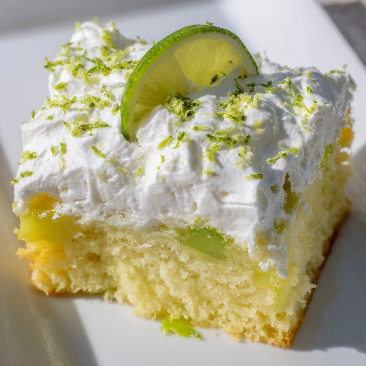 A slice of lime poke cake with fluffy whipped topping reveals vibrant green gelatin soaking through the soft white cake.