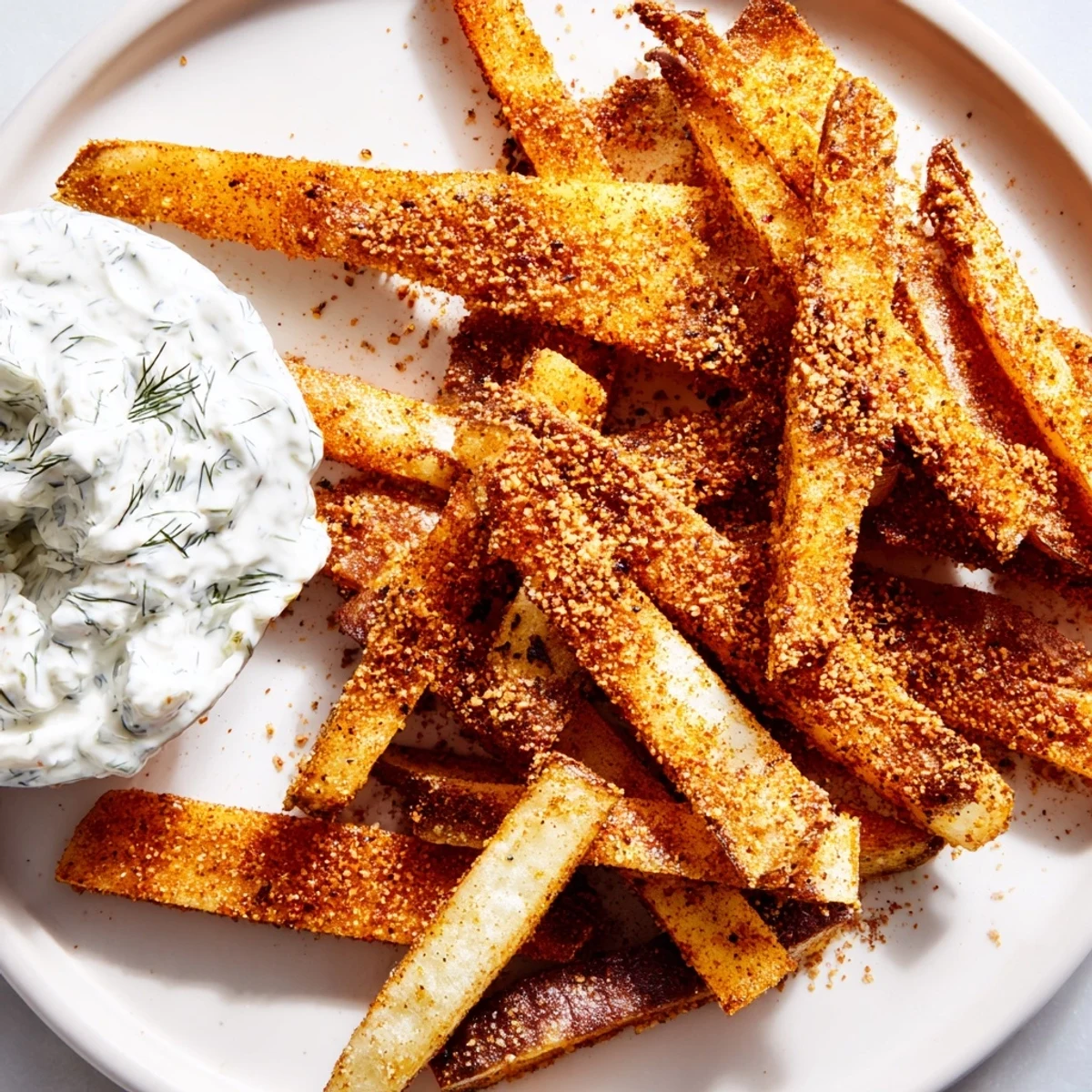 A close-up of crispy Cajun Spiced Fries topped with creamy, tangy Remoulade Dip and chopped capers.