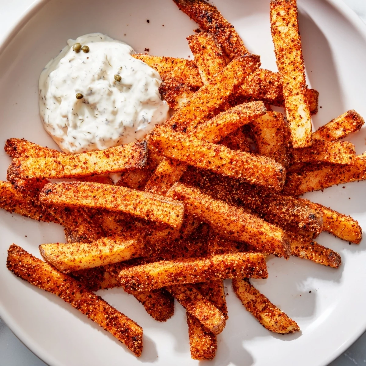 Golden-brown Cajun Spiced Fries with Remoulade Dip served on a platter with fresh parsley garnish.
