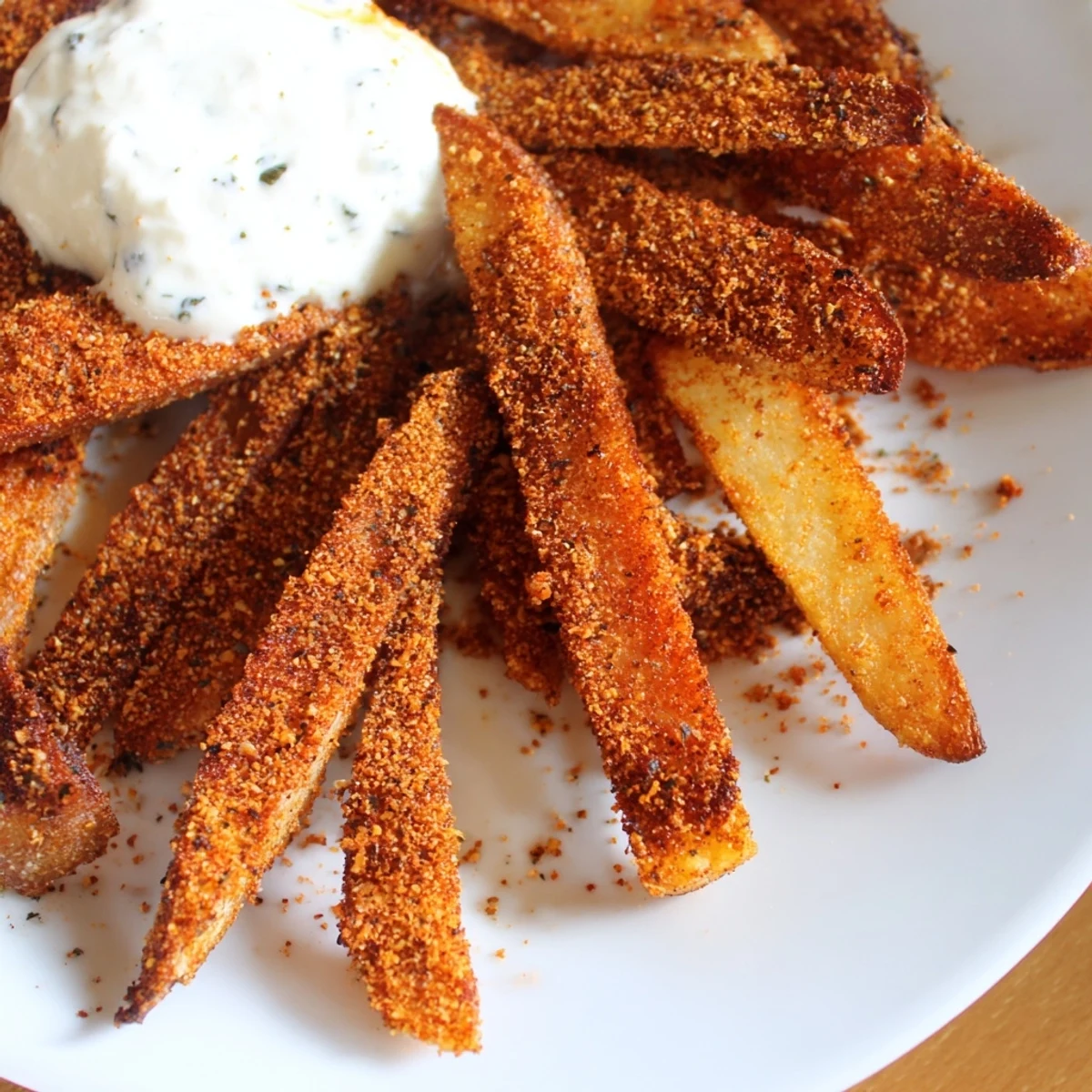 A plate of oven-baked Cajun Spiced Fries alongside a small bowl of Remoulade Dip, ready for dipping.