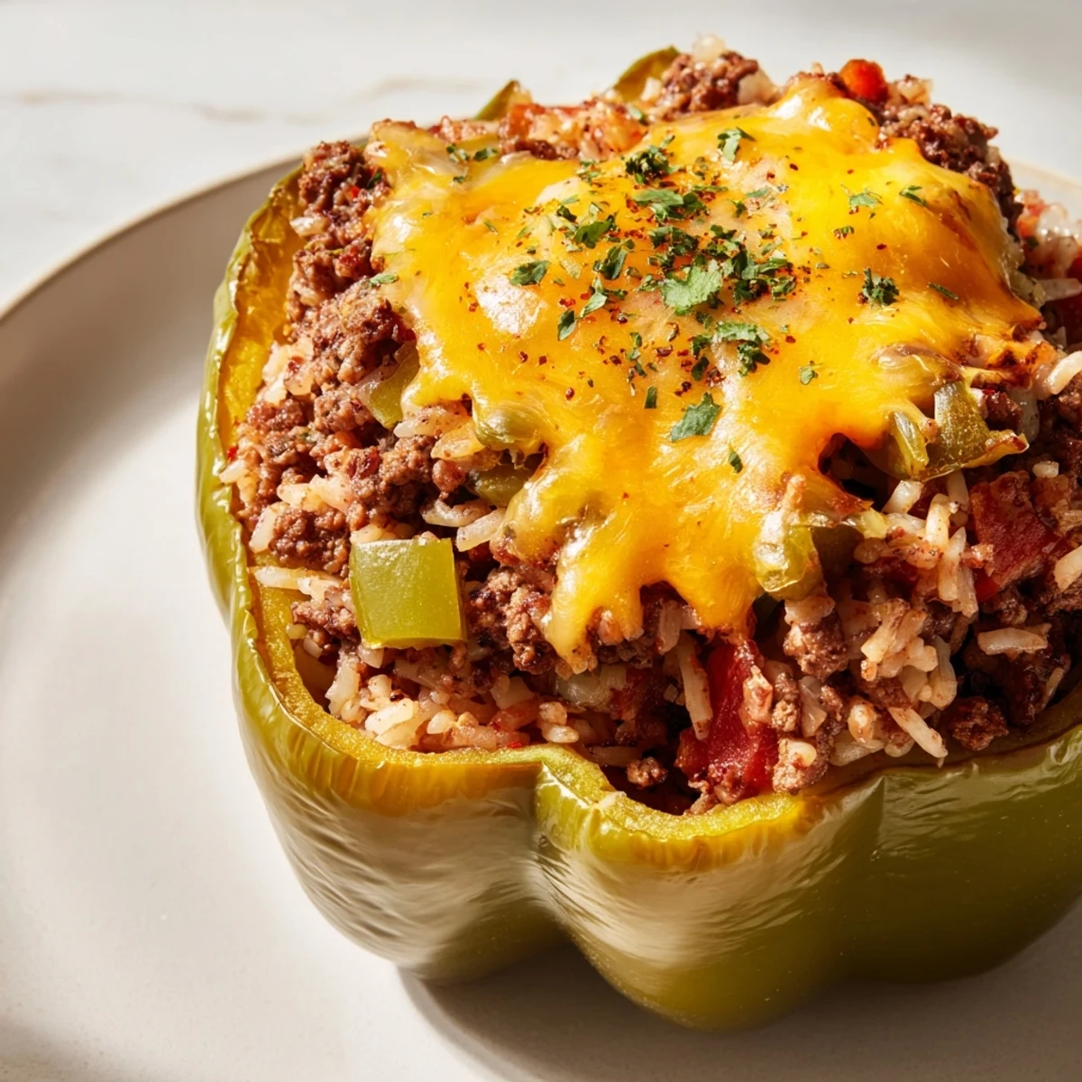 Golden-baked Creole Stuffed Peppers with Rice and Beef, topped with melted cheddar and fresh parsley on a rustic plate.