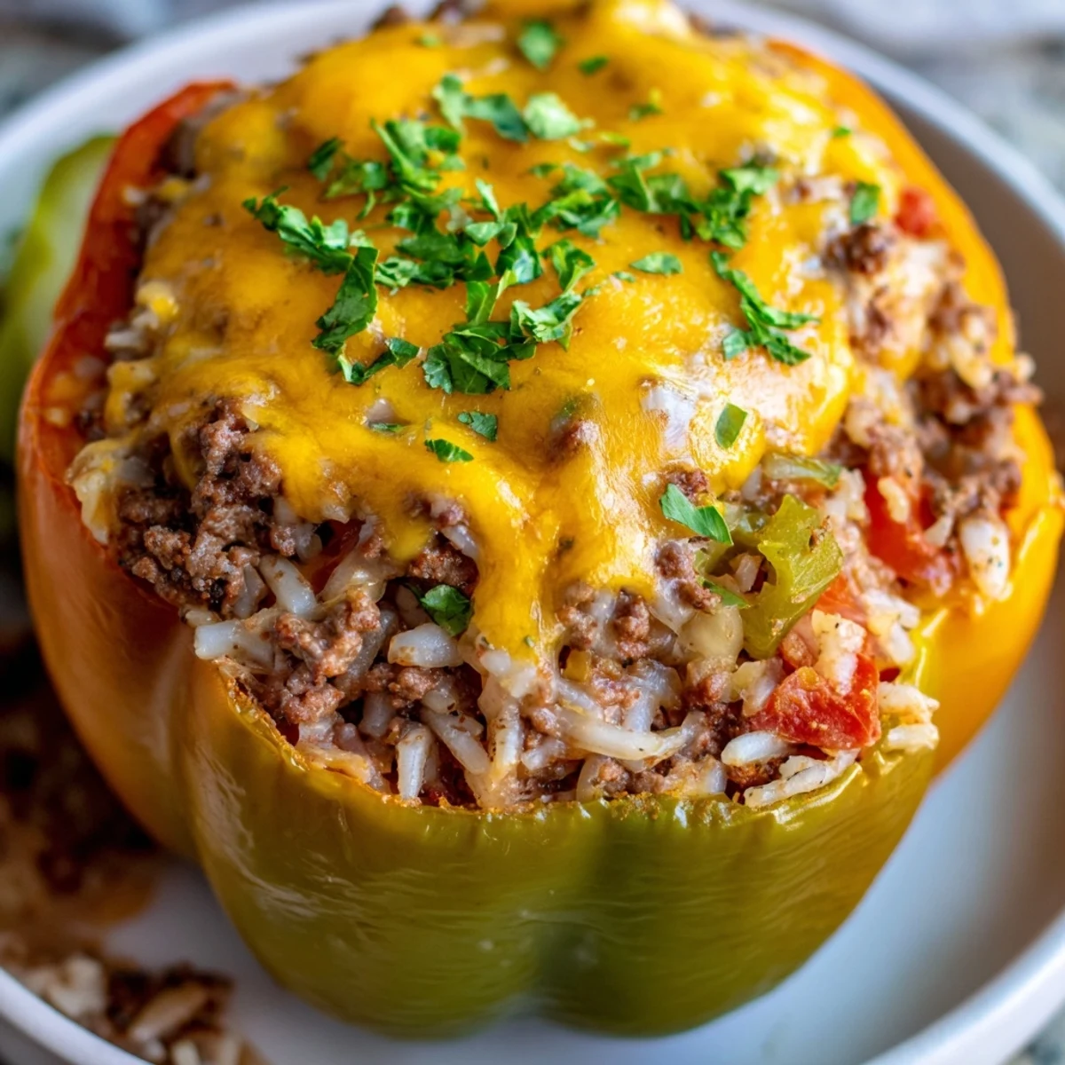 Creole Stuffed Peppers with Rice and Beef, served hot from the oven with a side of crisp mixed greens.