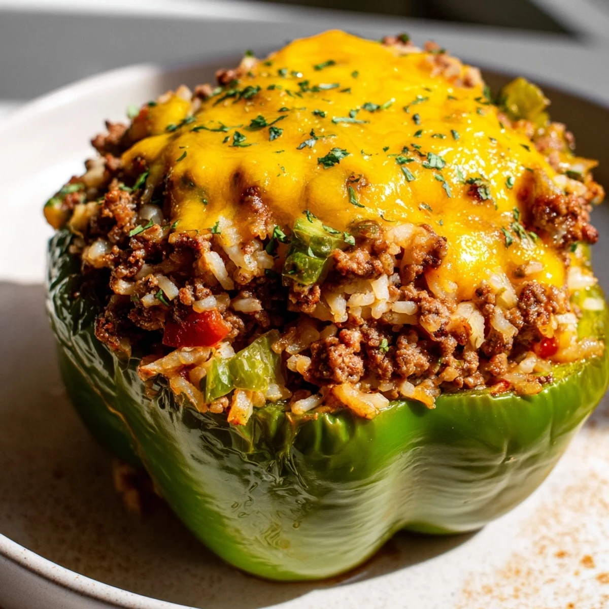A savory slice of Creole Stuffed Peppers with Rice and Beef reveals seasoned ground beef and fluffy rice filling.