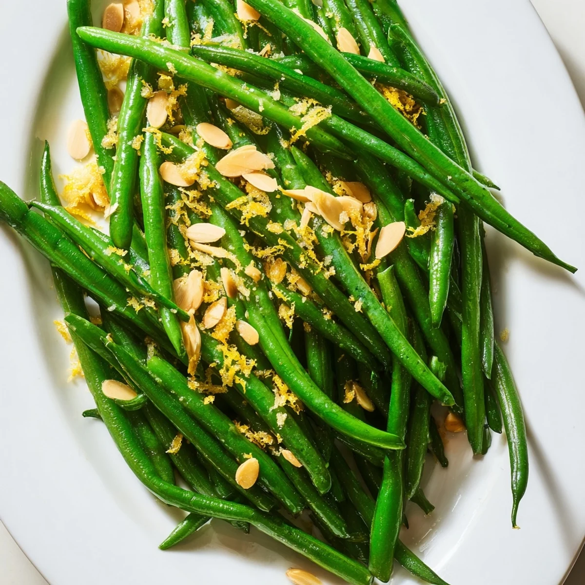 Bright, tender green beans with lemon and toasted almonds, served hot and glistening as a fresh side dish for any meal.