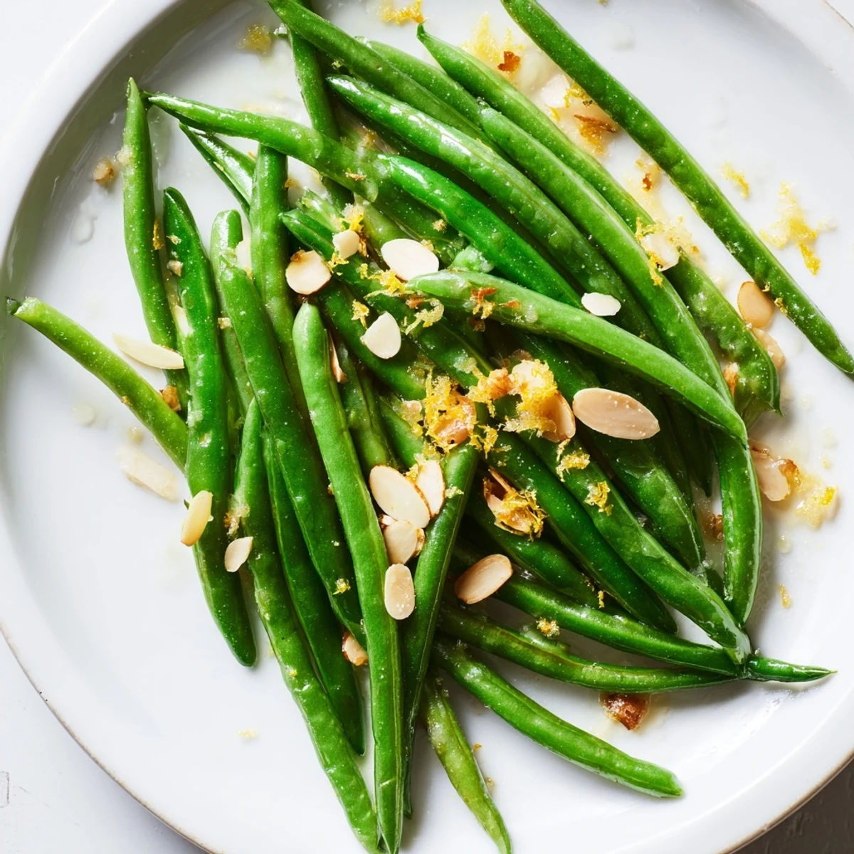 Crisp green beans tossed with zesty lemon juice and crunchy sliced almonds in a skillet for a quick, vibrant side.