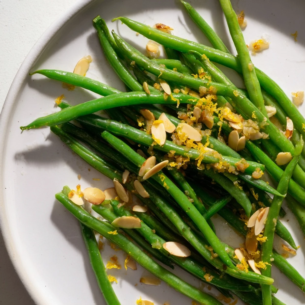 A close-up of tender green beans garnished with lemon zest and toasted almonds, perfect beside grilled chicken or fish.