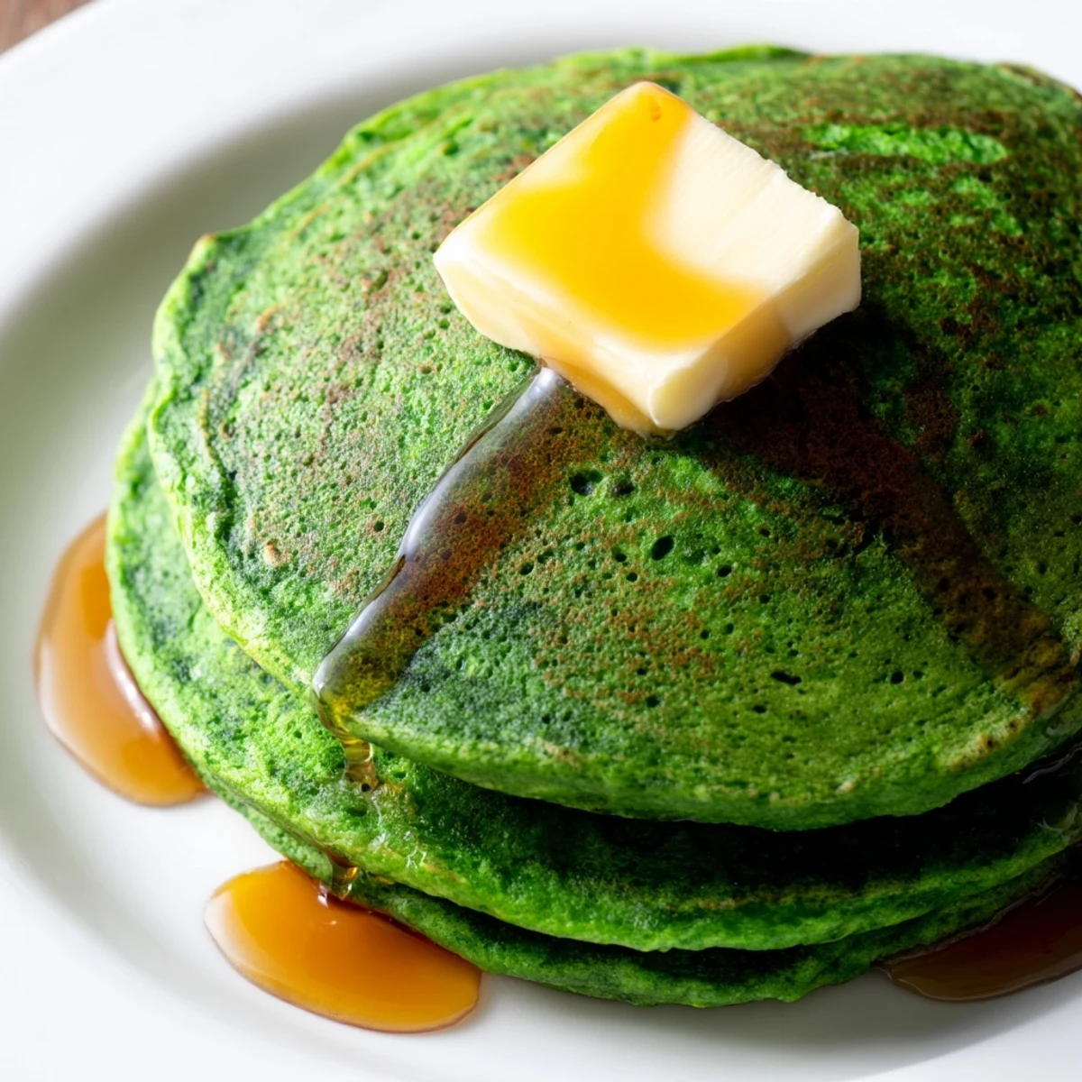 Bright green spinach pancakes topped with melting butter and a sweet drizzle of warm maple syrup for breakfast.