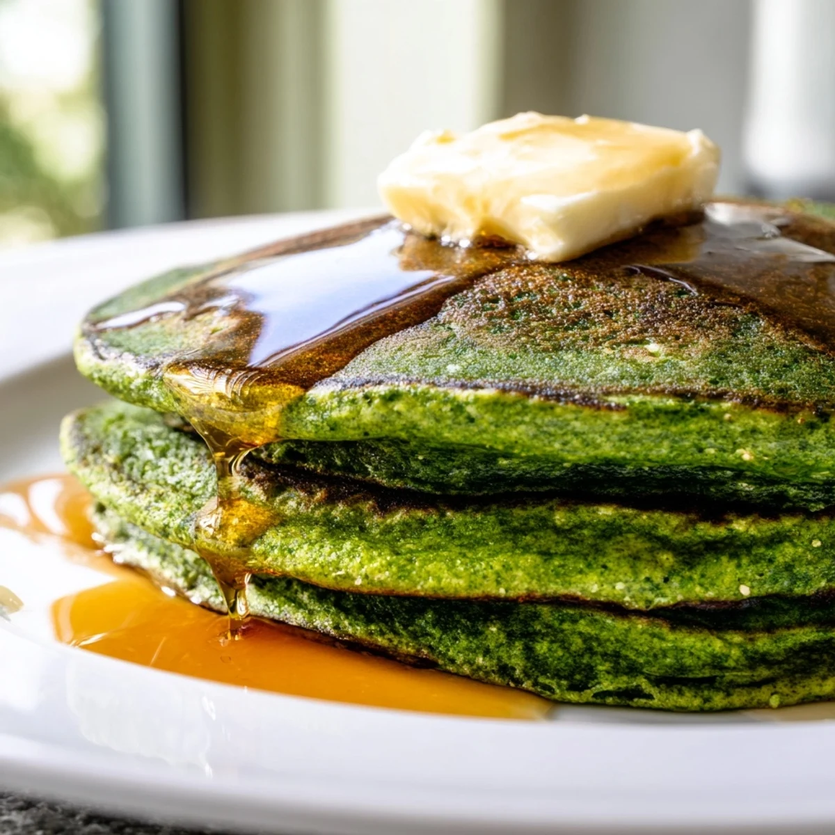 Fluffy homemade Green Pancakes with Maple Syrup and Butter, served hot and ready for a delicious morning meal.