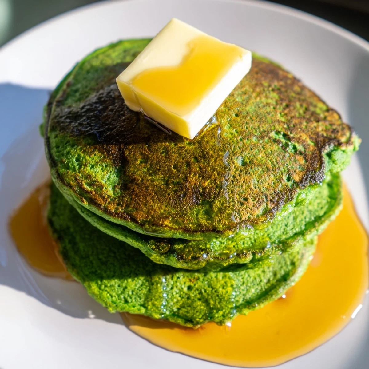Stack of vibrant Green Pancakes with Maple Syrup and Butter, garnished with a pat of butter and golden syrup.