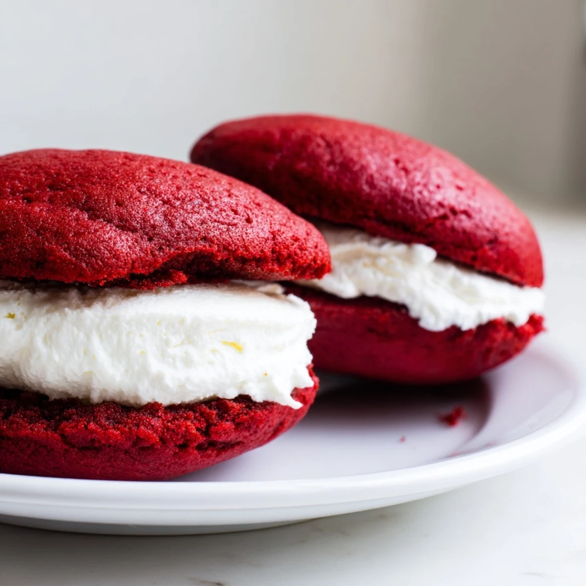 Two soft, deep-red velvet cookie halves are generously stuffed with a swirl of fluffy, vanilla-scented marshmallow filling.