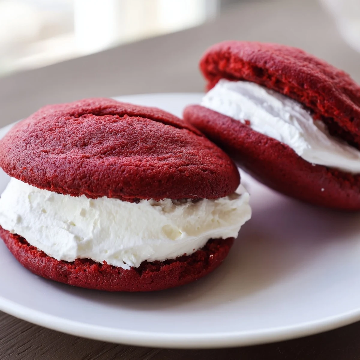 On a rustic wooden board, a dozen vibrant Red Velvet Whoopie Pies are stacked high, ready to be enjoyed as a nostalgic homemade dessert.