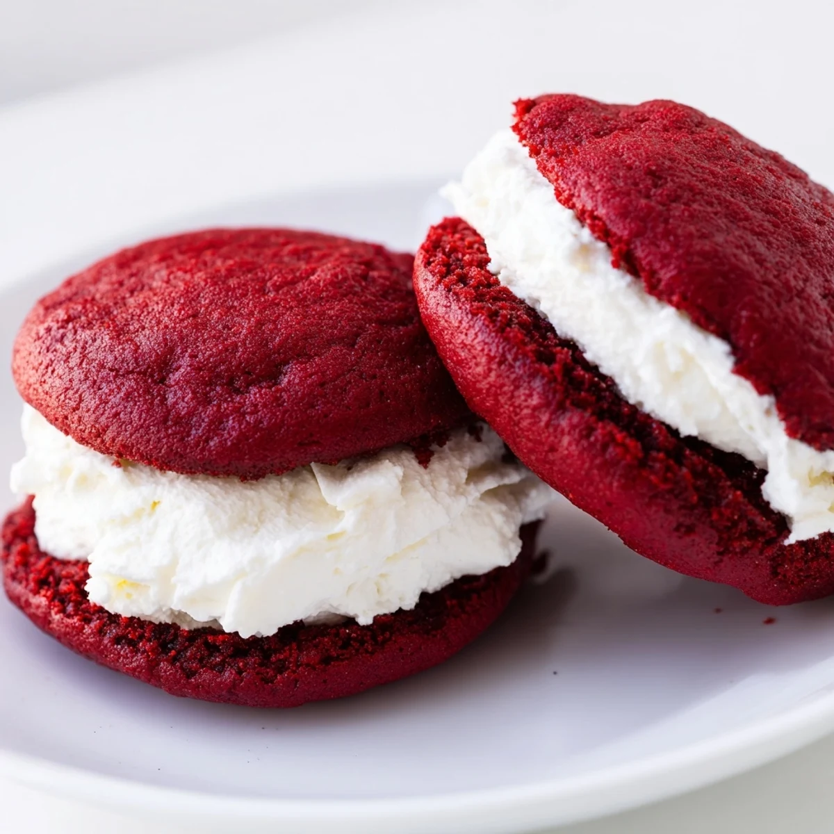 A close-up of a Red Velvet Whoopie Pie reveals its moist, cake-like crumb and sweet white frosting oozing slightly between the layers.