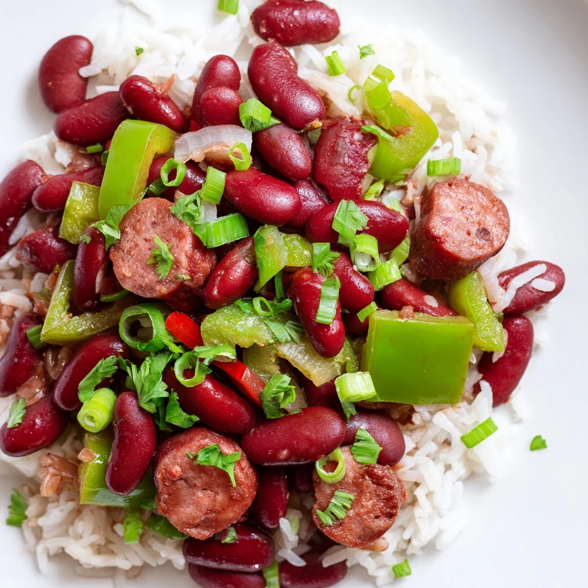 A close-up of Red Beans and Rice with Beef Sausage, featuring tender beans in a rich gravy, topped with sliced sausage and fresh green onions.