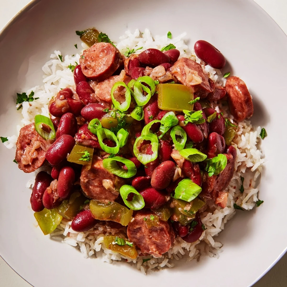 Hearty Creole Red Beans and Rice with Beef Sausage in a rustic bowl, garnished with fresh parsley and served alongside fluffy white rice.