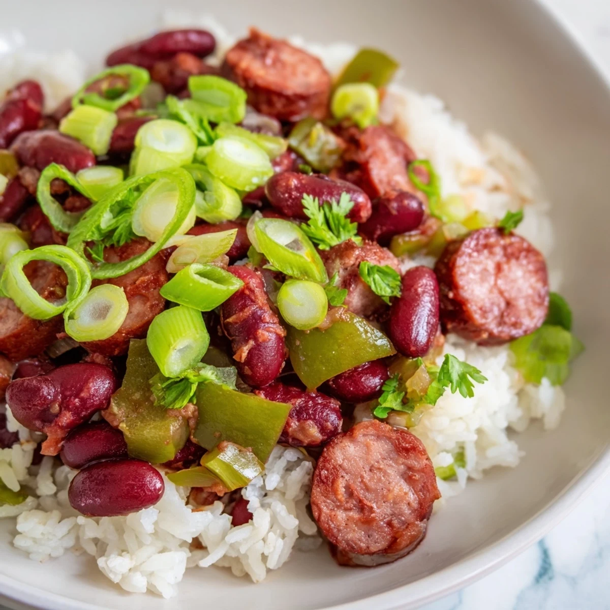 Steaming plate of Red Beans and Rice with Beef Sausage, showing smoky sausage links nestled in creamy beans, a classic Southern family meal.