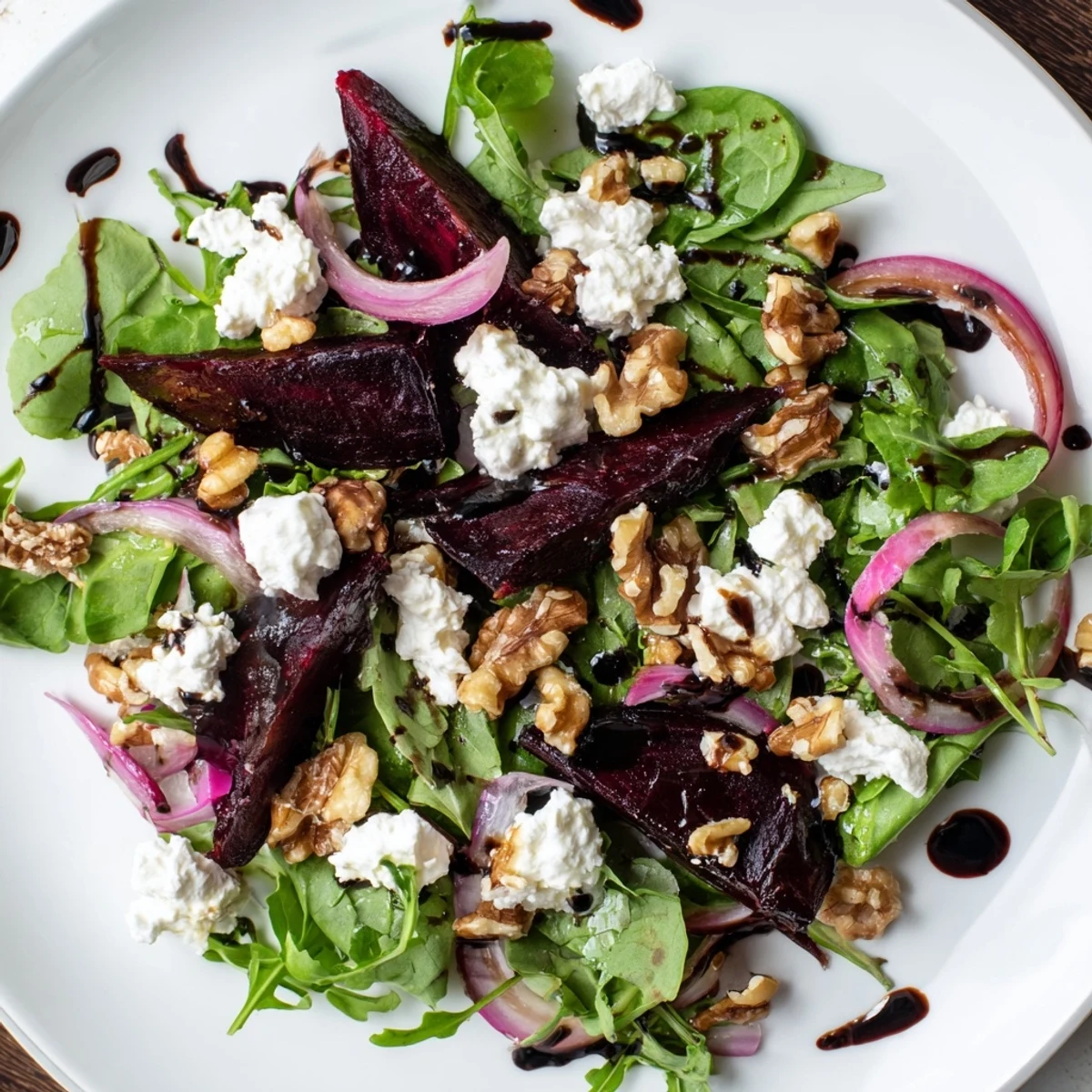 A vibrant Roasted Beet Salad with Goat Cheese showcases ruby-red beet wedges, creamy crumbled cheese, and toasted walnuts on mixed greens.