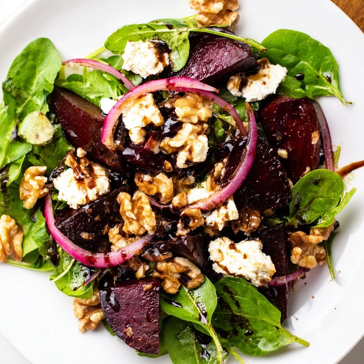 Fork-ready Roasted Beet Salad with Goat Cheese layers sweet roasted beets, arugula, and walnuts, finished with a drizzle of balsamic vinaigrette.