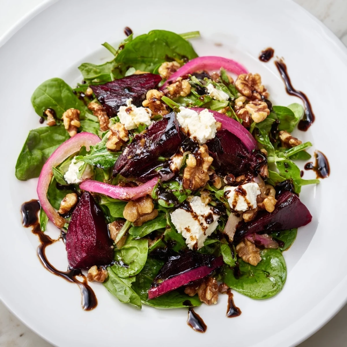 A plated Roasted Beet Salad with Goat Cheese features earthy roasted beets, tangy vinaigrette, and crunchy walnuts beside soft cheese.
