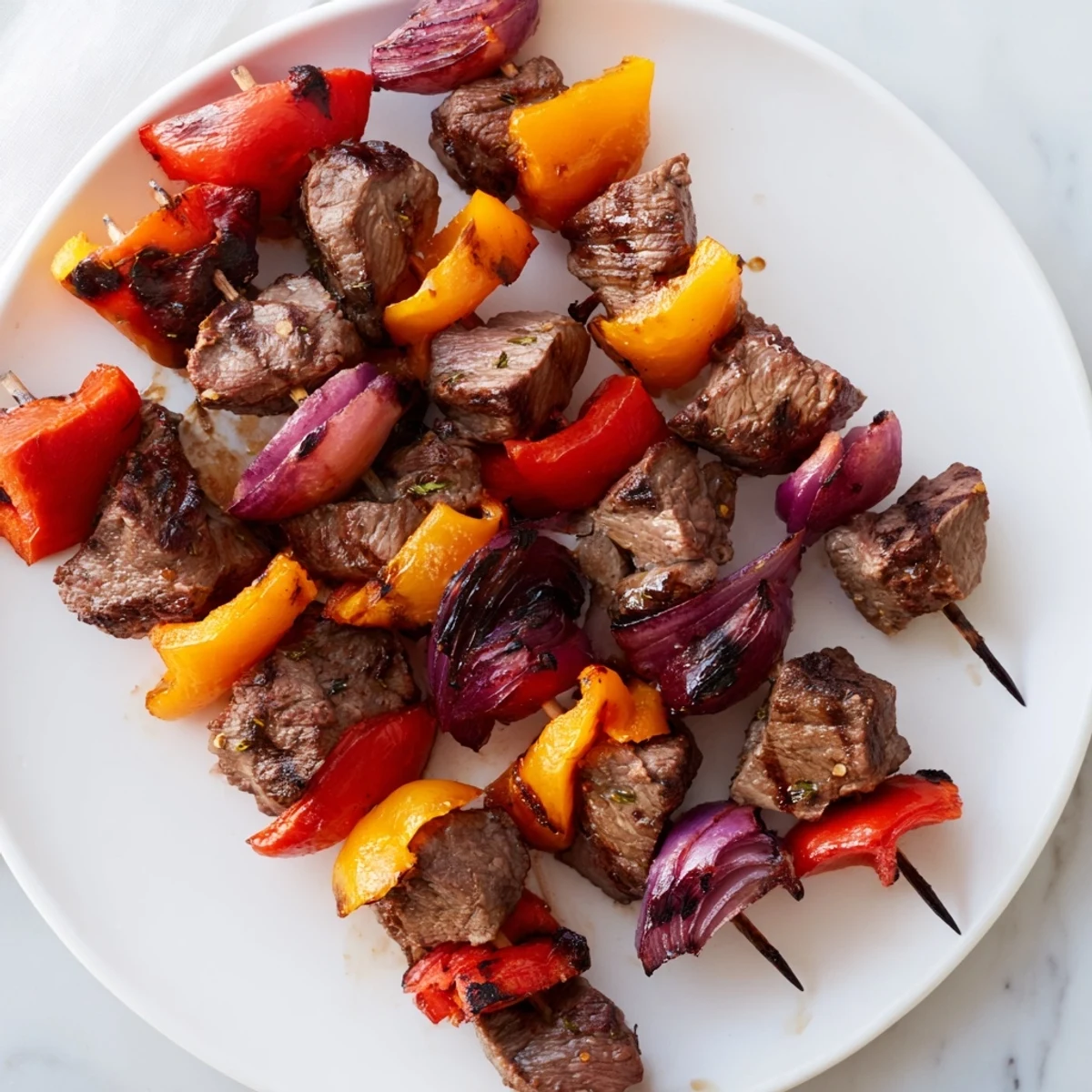 Beef Kebabs with Bell Peppers and Onions sizzle on the grill, with red and yellow peppers glistening alongside sweet onion.