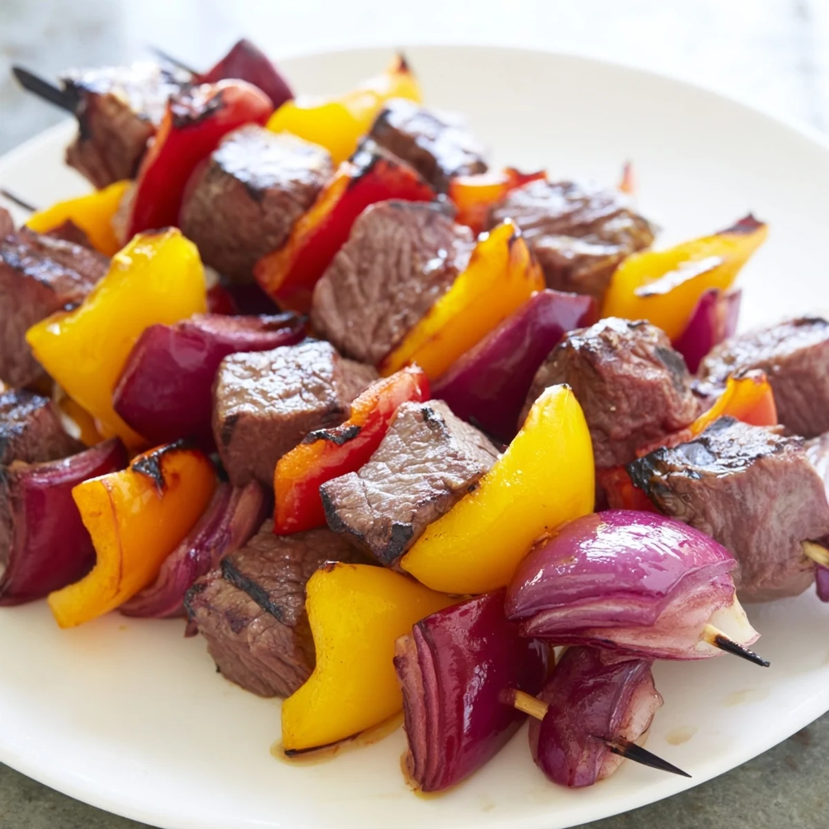Grilled Beef Kebabs with Bell Peppers and Onions showcase charred, tender beef cubes nestled with vibrant veggies on skewers.