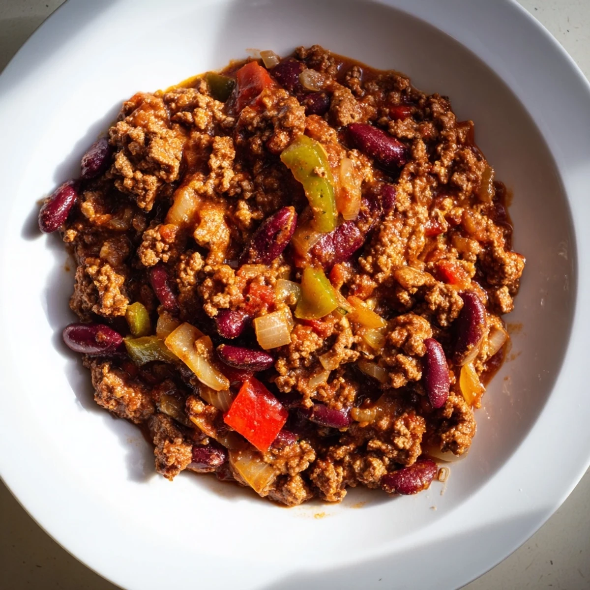 The rich, red Spicy Beef Chili with Kidney Beans simmers in a rustic pot next to cornbread.