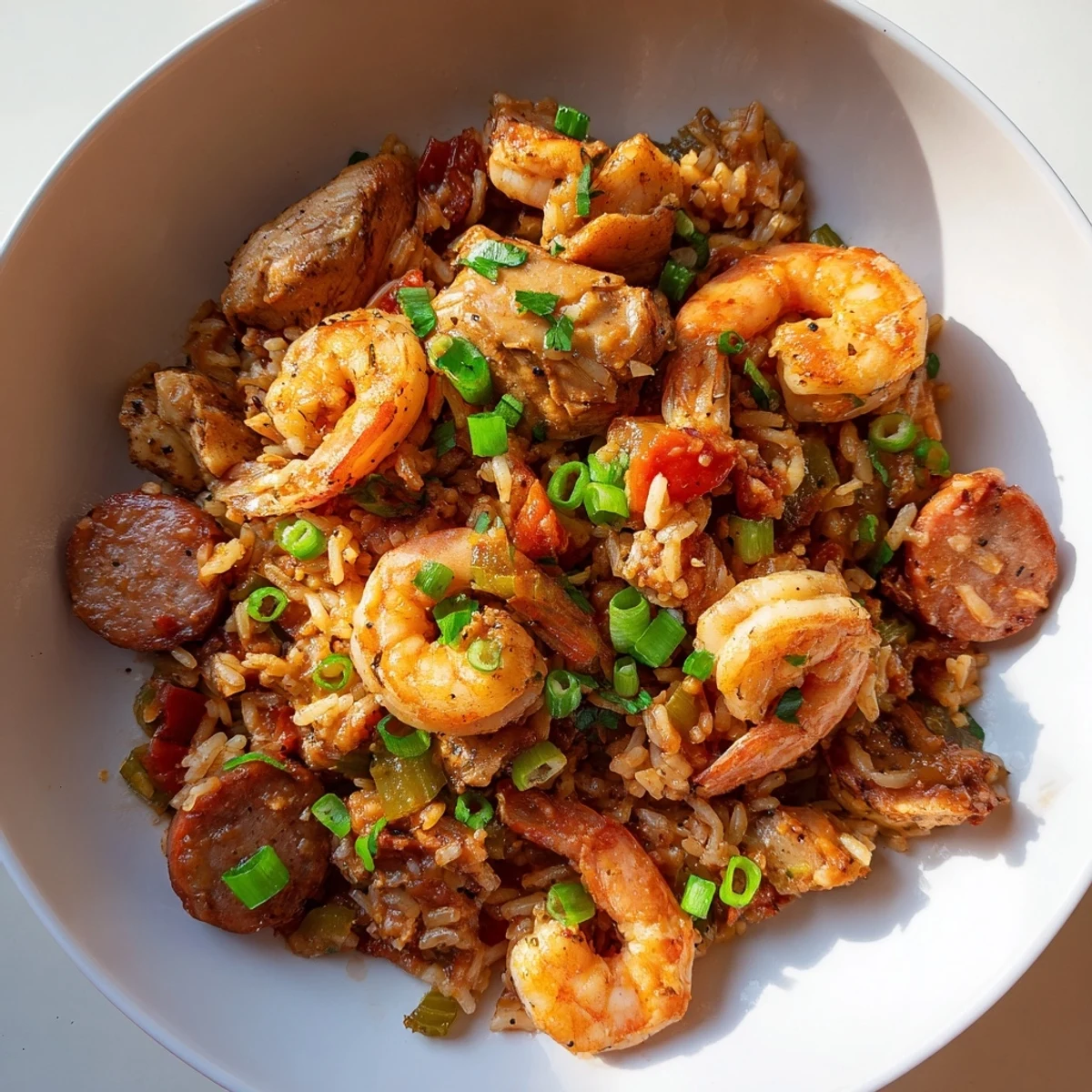 A vibrant bowl of Mardi Gras Jambalaya with Chicken and Shrimp, showcasing tender meat and bright peppers.
