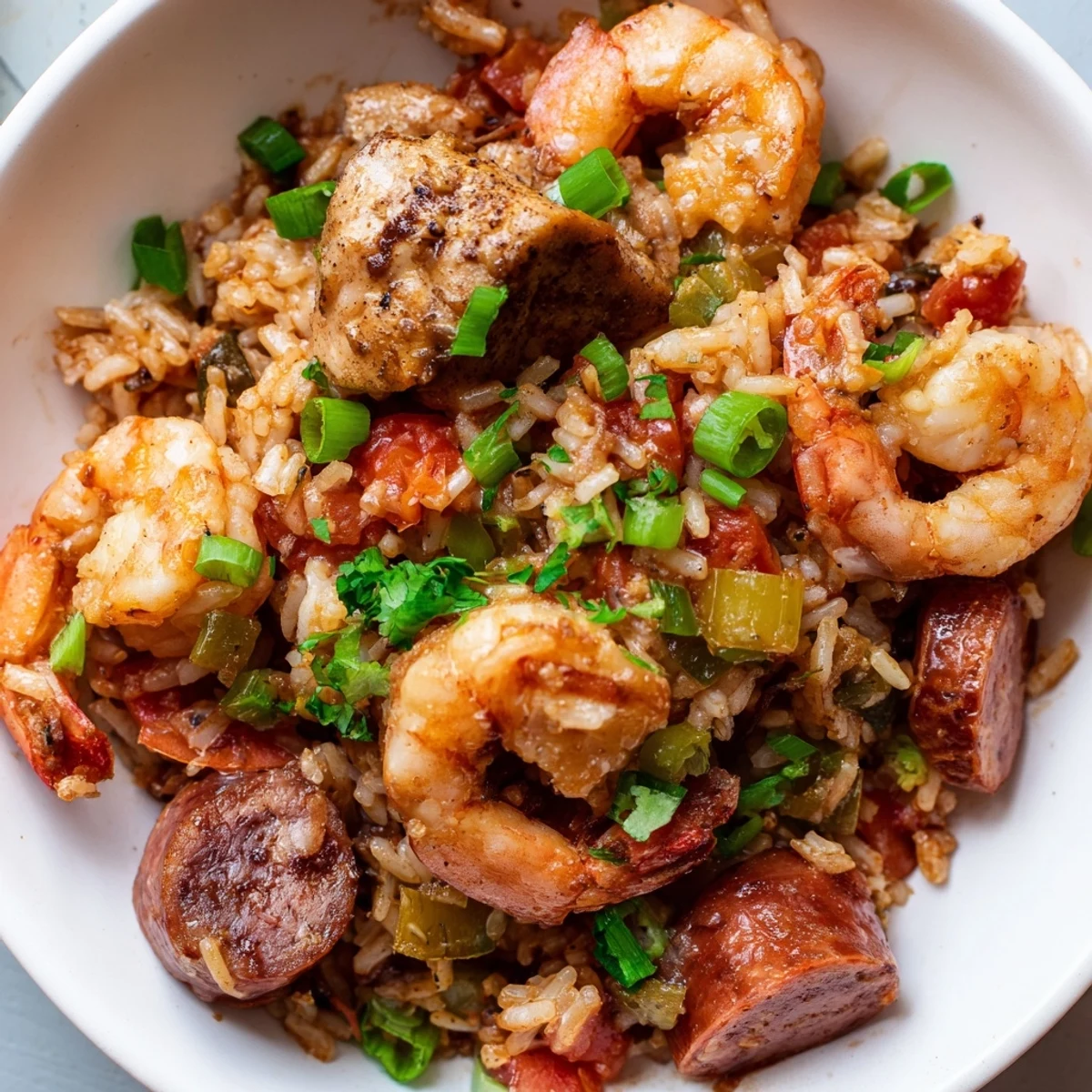Hearty Mardi Gras Jambalaya with Chicken and Shrimp simmered in a rich, spicy Creole tomato sauce.