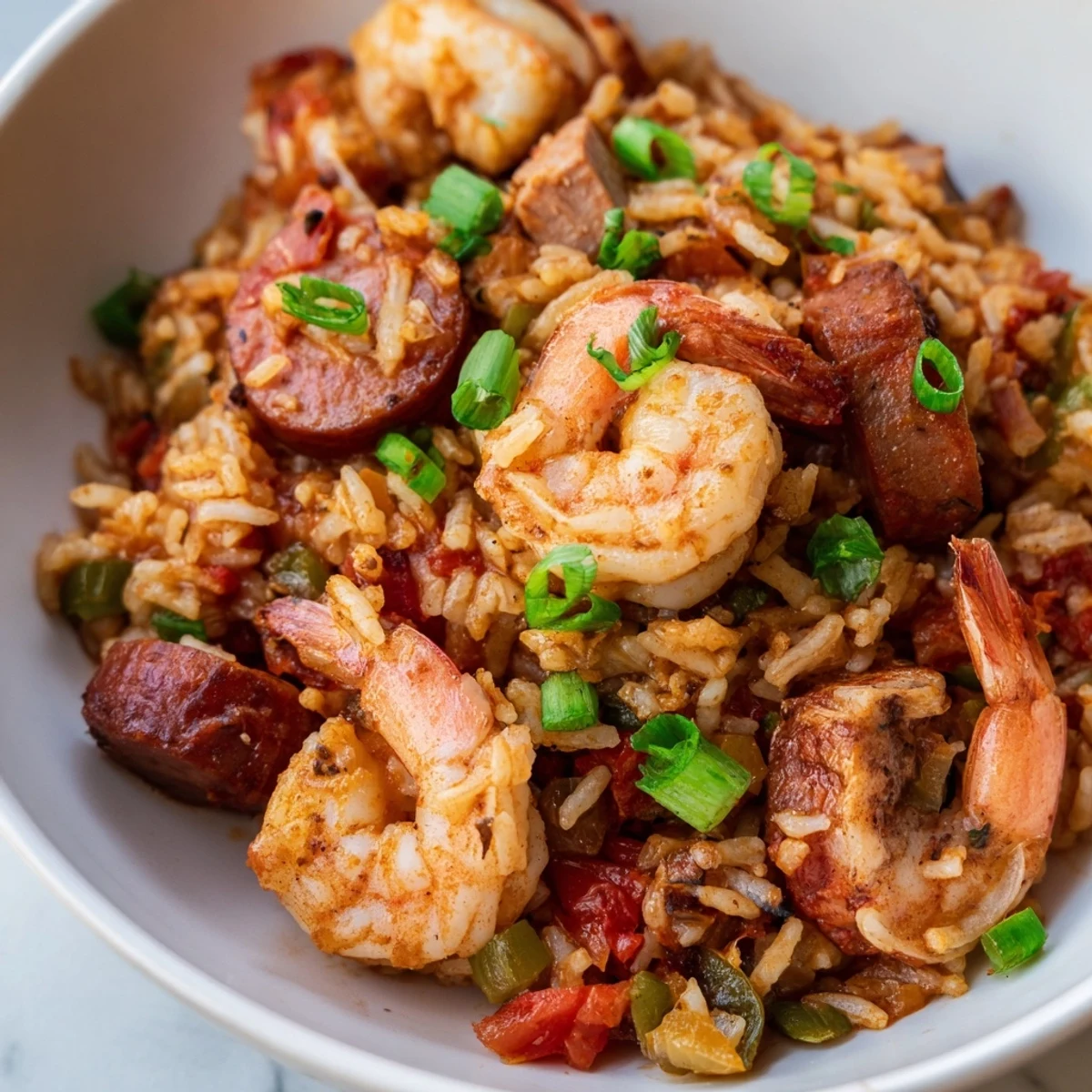Festive Mardi Gras Jambalaya with Chicken and Shrimp garnished with fresh green onions and parsley.