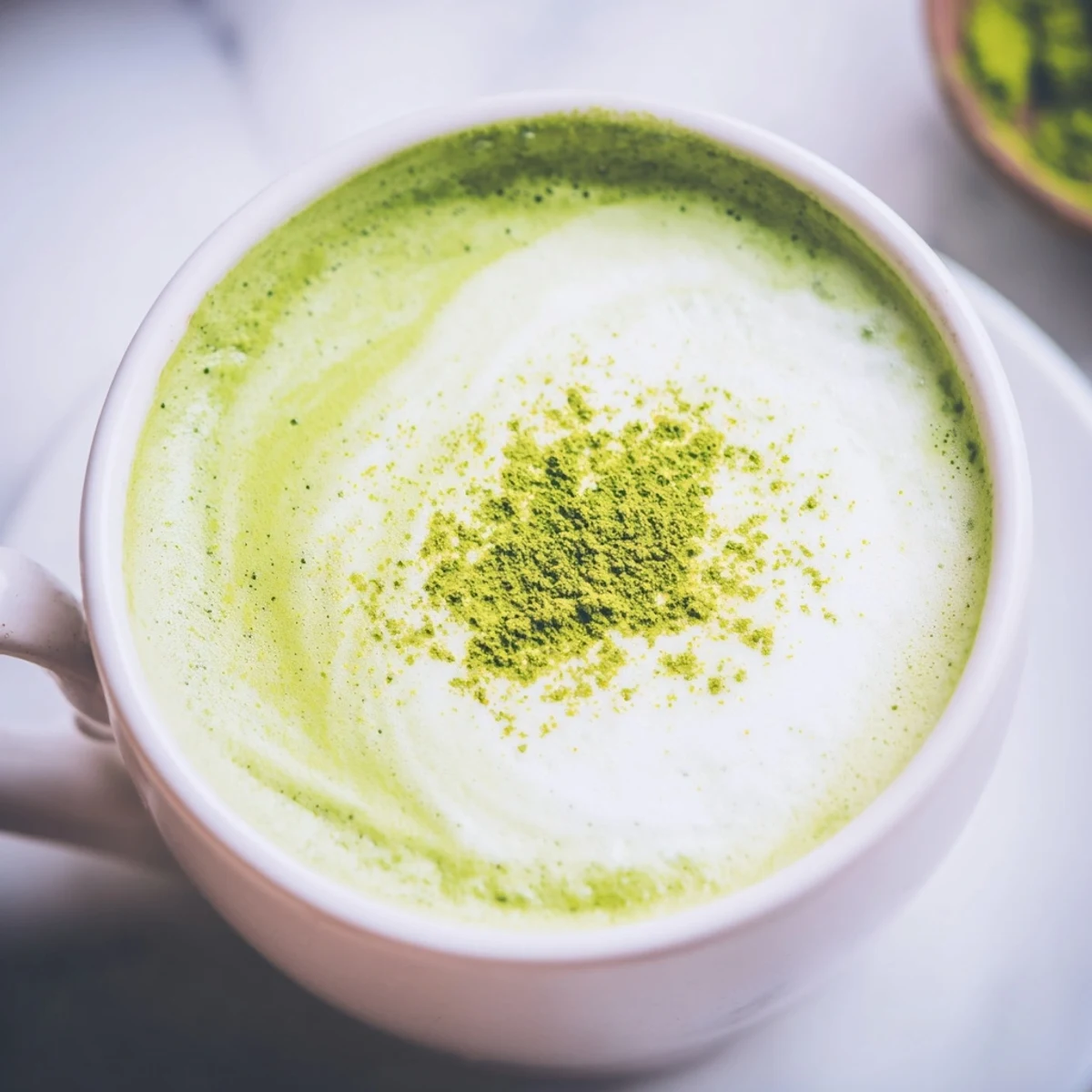 Vibrant green matcha latte with almond milk, topped with creamy foam and a light dusting of matcha powder.