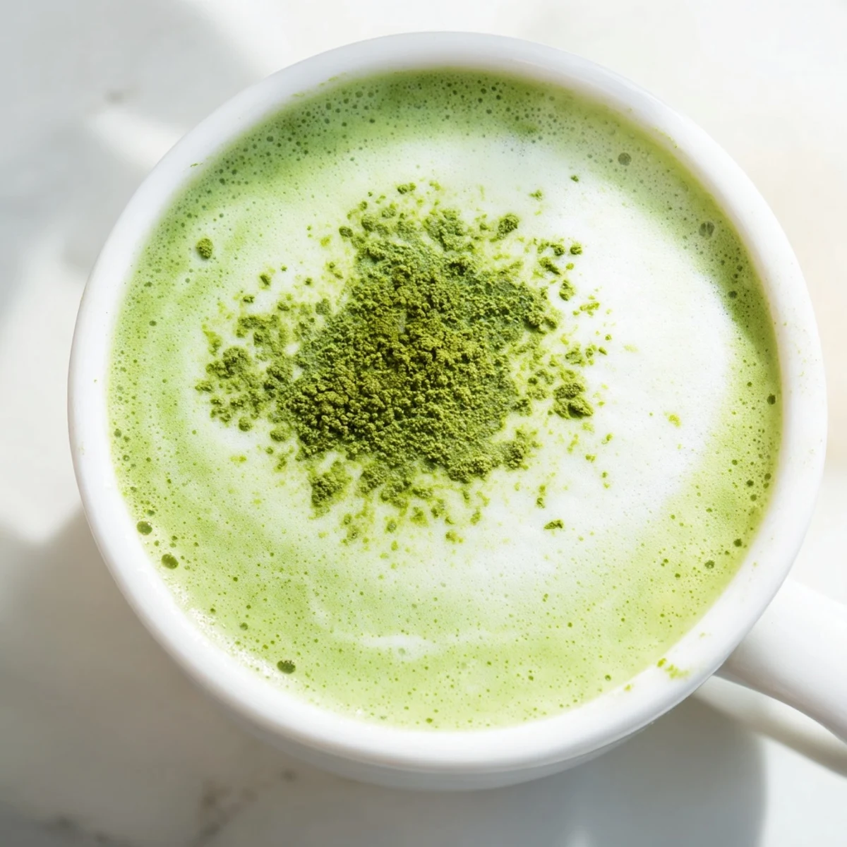 Creamy almond milk matcha latte served steaming in a glass mug, perfect for a cozy afternoon pick-me-up.