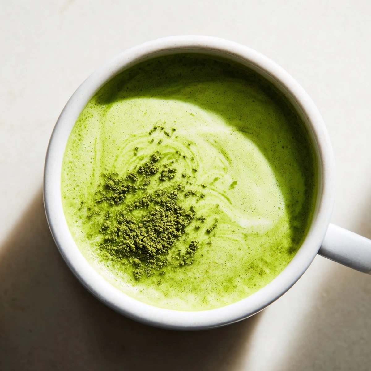 Homemade green matcha latte with almond milk, layered beautifully and ready to sip for a gentle energy boost.