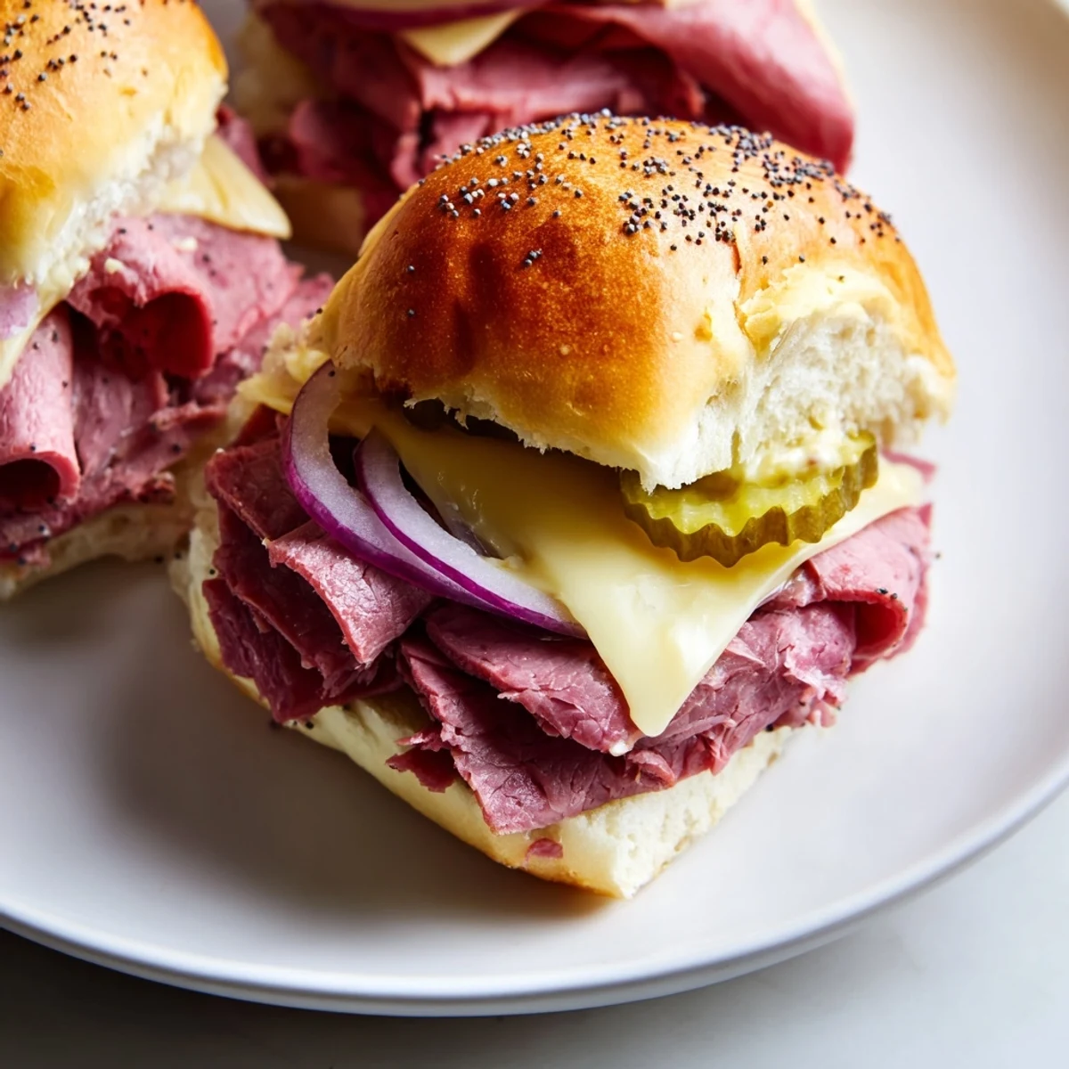 Golden-brown Corned Beef Sliders with melted Swiss cheese and whole-grain mustard on a serving platter.